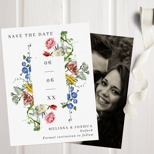 Colorful Painterly Wild Flowers Wedding Photo Save The Date