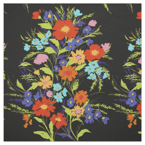 Colorful Painterly Wildflower Bouquet on Black Fabric