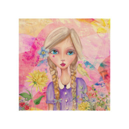 Colorful Painting Whimsical Face Girl Lilac Wood Wall Art