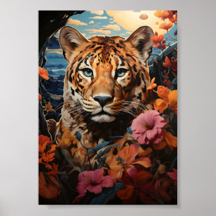 Colorful Painting With Tiger And Flowers At Sunset Poster