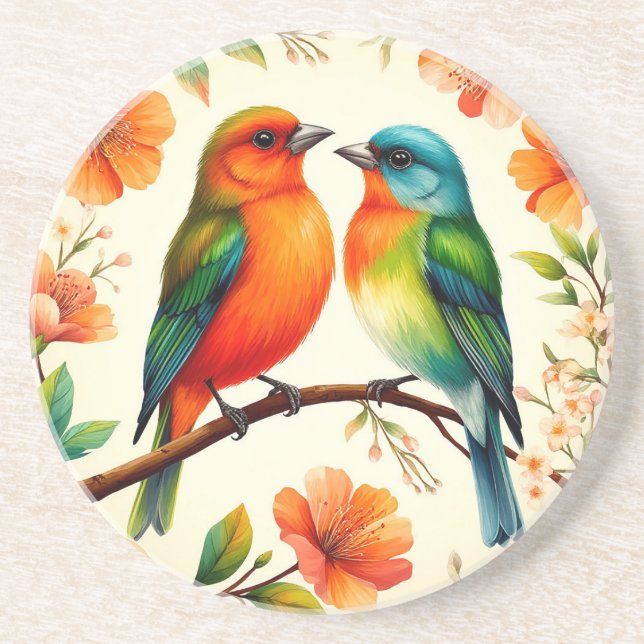 Colorful Pair of Birds Sitting Amid Vibrant Blosso Coaster (Front)
