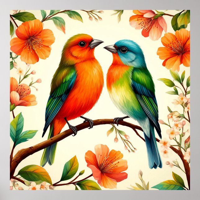 Colorful Pair of Birds Sitting Amid Vibrant Blosso Poster (Front)