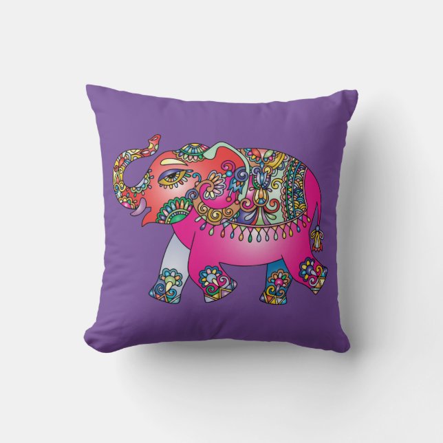 Colorful Paisley Elephant Drawing Throw Pillow (Front)