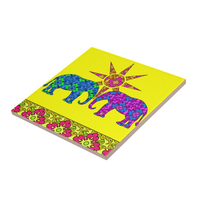 Colorful Paisley Elephants Tile Trivet (Side)