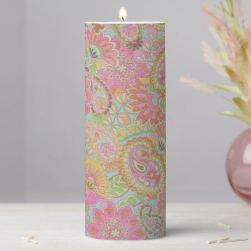 Colorful Paisley Floral botanical Flowers     Pillar Candle
