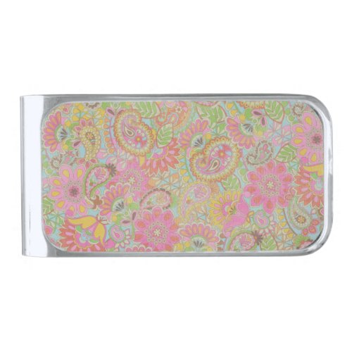 Colorful Paisley Floral botanical Flowers   Silver Finish Money Clip