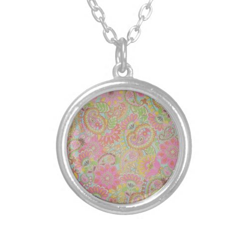 Colorful Paisley Floral botanical Flowers   Silver Plated Necklace