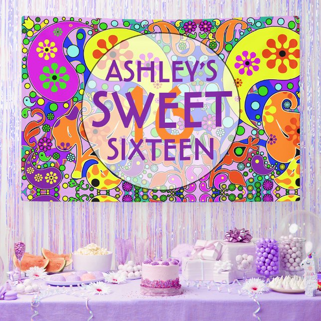 Colorful Paisley Floral Sweet 16 Birthday Banner (Creator Uploaded)