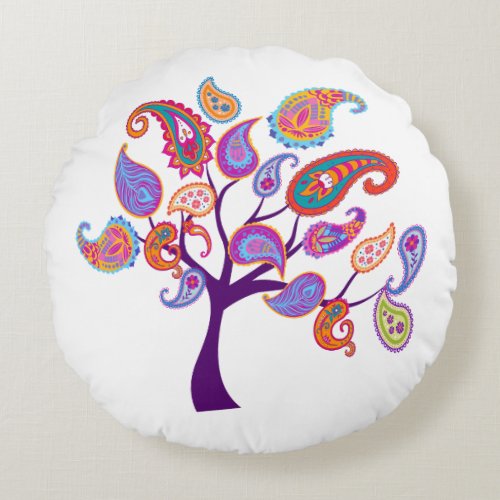 Colorful Paisley Flower Tree Round Pillow