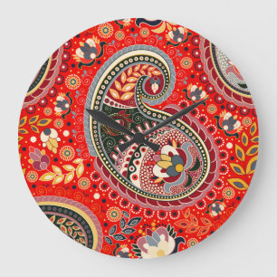Colorful Paisley Indian Seamless Pattern Large Clock