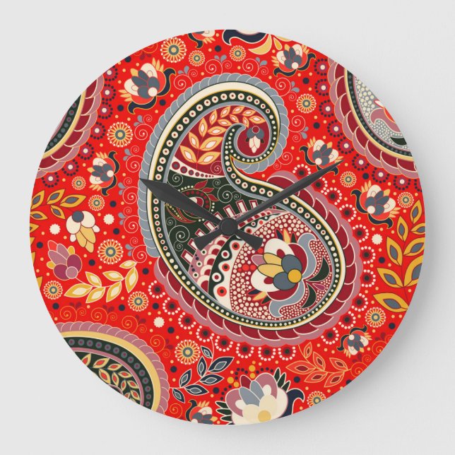 Colorful Paisley Indian Seamless Pattern Large Clock (Front)