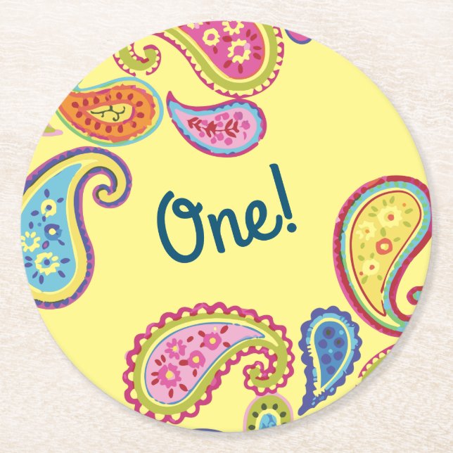 Colorful Paisley Kids Birthday Party Round Paper Coaster (Front)