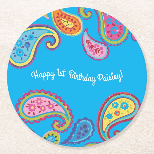 Colorful Paisley Kids Birthday Party Round Paper Coaster (Front)