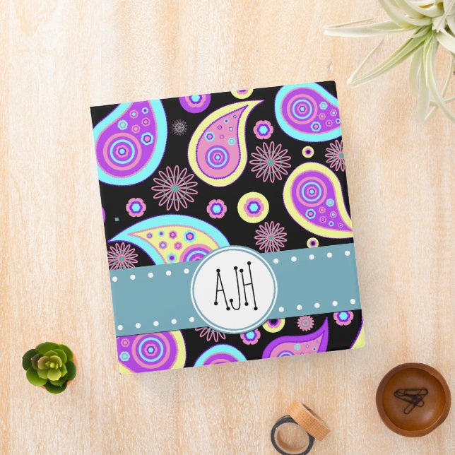 Colorful Paisley, Paisley Pattern, Boteh, Monogram 3 Ring Binder (In Situ)