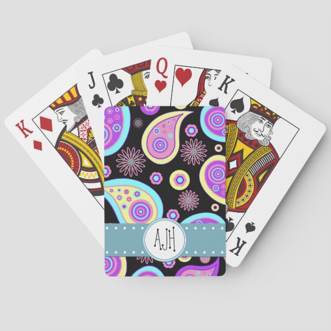 Colorful Paisley, Paisley Pattern, Boteh, Monogram Poker Cards (Back)