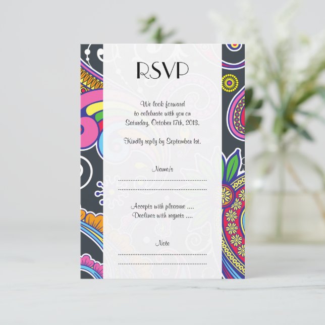 Colorful Paisley, Paisley Pattern, Wedding RSVP Card (Standing Front)