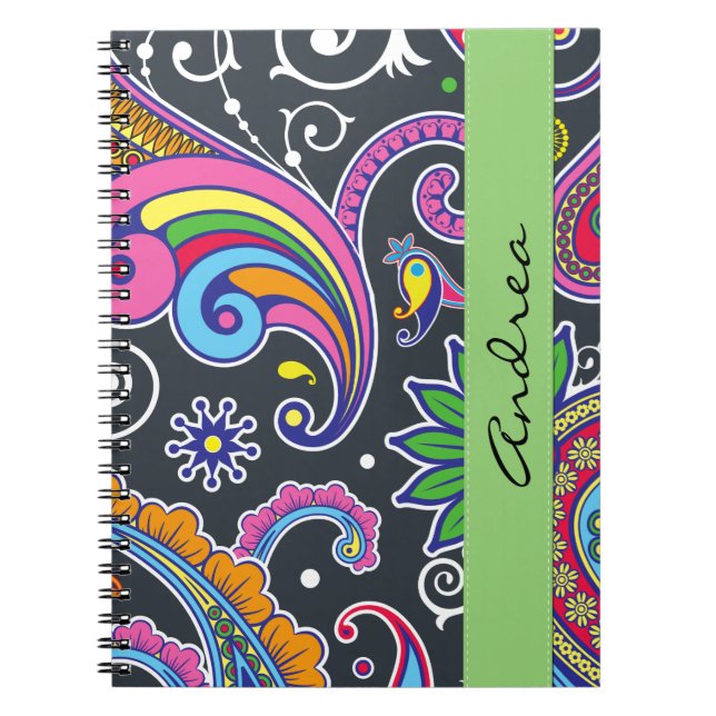 Colorful Paisley, Paisley Pattern, Your Name Notebook (Front)