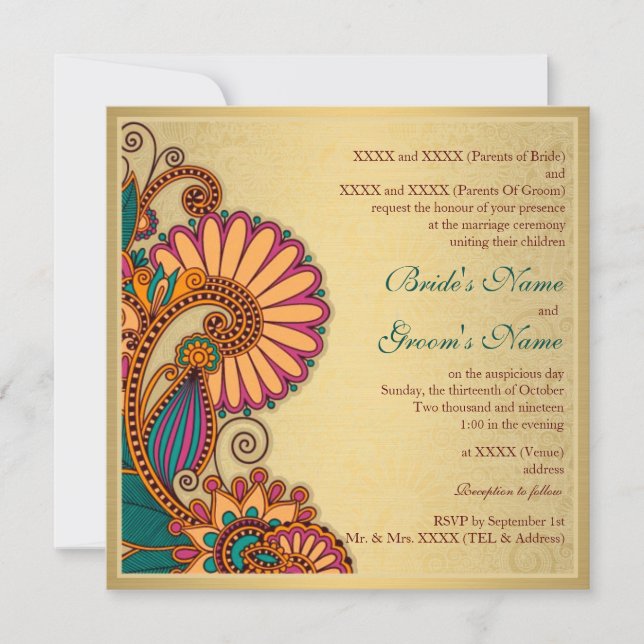 Colorful Paisley Pattern on Gold Indian Wedding Invitation (Front)