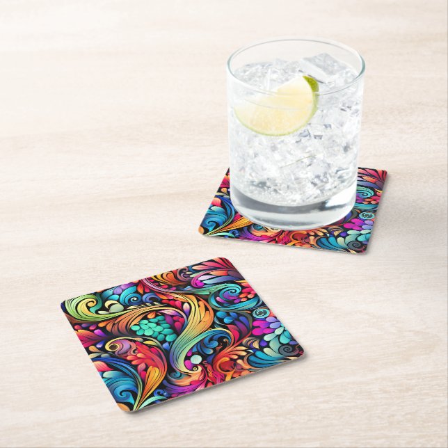 Colorful Paisley Pattern Square Paper Coaster (Insitu)