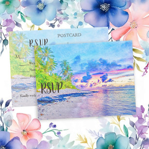 Colorful Palm Beach Sunset Watercolor RSVP Invitation Postcard