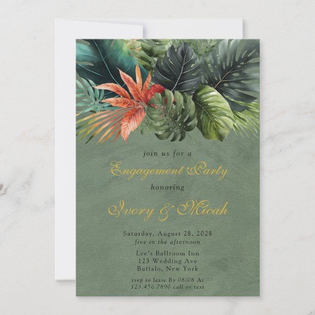 Colorful Palm Leaves Gold Engagement Party Invitation (Front)
