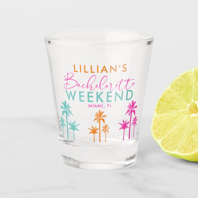 Colorful Palm Tree Bachelorette Weekend Shot Glass (Front)