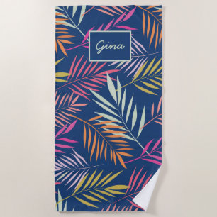Colorful Palm Tropical Leaves on Dark Blue Beach Towel
