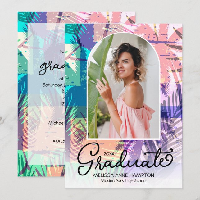 Colorful Palms Photo Graduation Party Invitation (Front/Back)