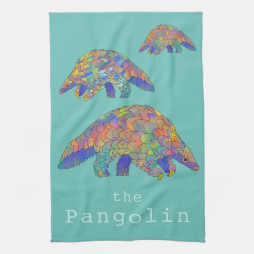 Colorful Pangolin anteater teal Kitchen Towel