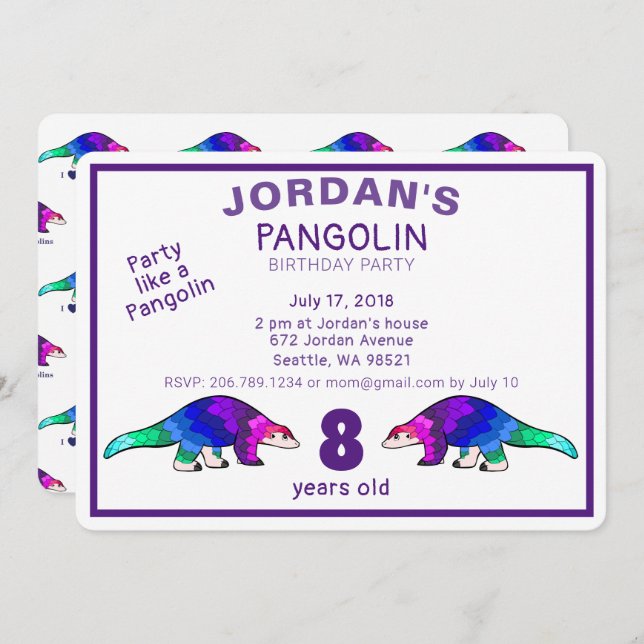 Colorful Pangolin Birthday Invitation (Front/Back)