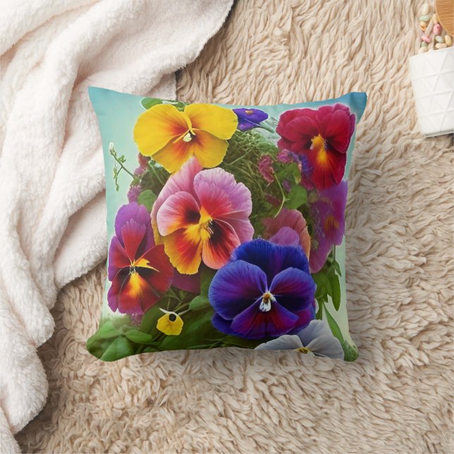 Colorful Pansies -AI ART Throw Pillow (Blanket)