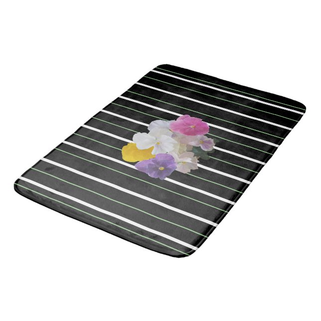 Colorful Pansies And Bold Stripes Bath Mat (Angled)