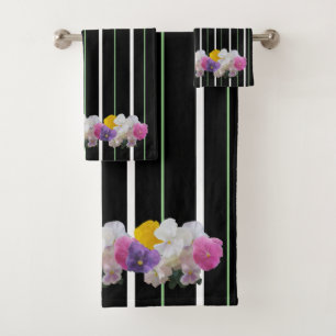 Colorful Pansies And Bold Stripes Bath Towel Set