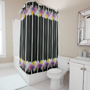 Colorful Pansies And Bold Stripes Shower Curtain