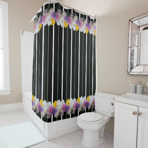 Colorful Pansies And Bold Stripes Shower Curtain