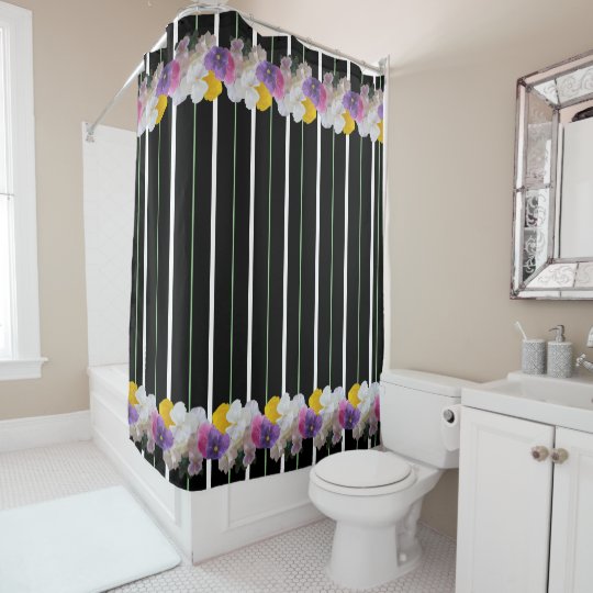 Colorful Pansies And Bold Stripes Shower Curtain Zazzle Com