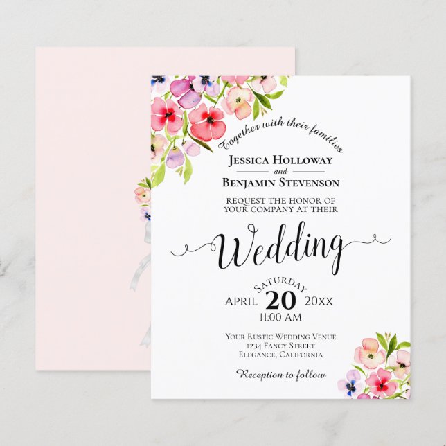 Colorful Pansies Elegant BUDGET Wedding Invitation (Front/Back)