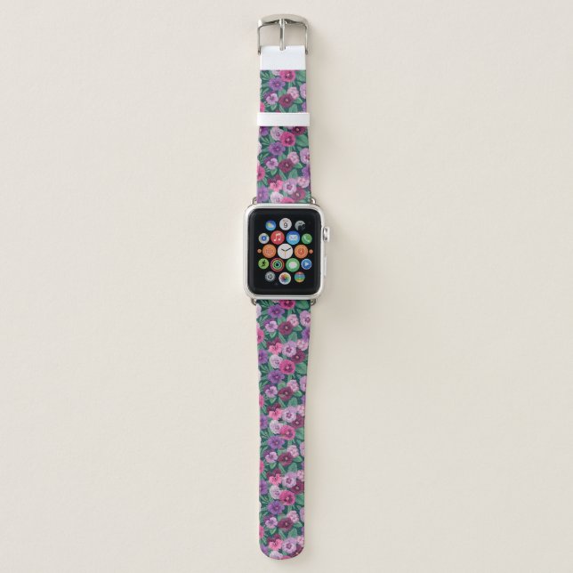 Colorful pansies on dark greenish blue apple watch band (Front)