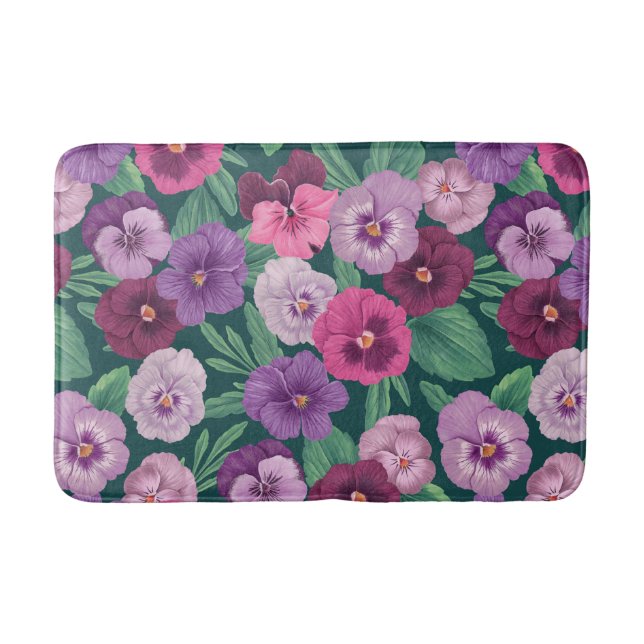 Colorful pansies on dark greenish blue bath mat (Front)