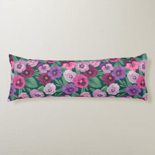 Colorful pansies on dark greenish blue body pillow