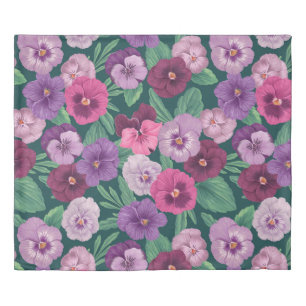 Colorful pansies on dark greenish blue duvet cover