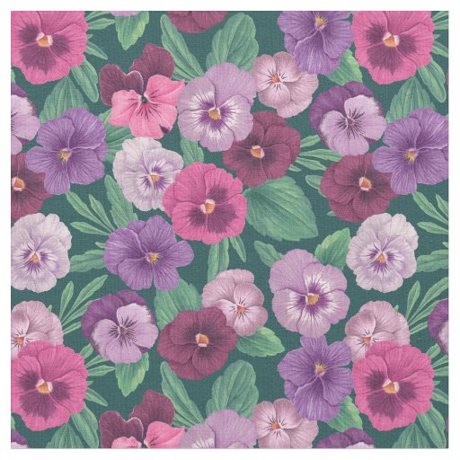 Colorful pansies on dark greenish blue fabric