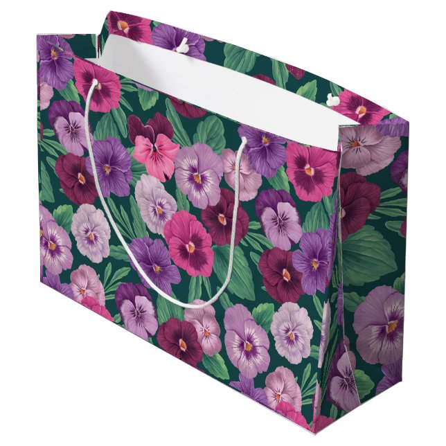 Colorful pansies on dark greenish blue large gift bag (Back Angled)