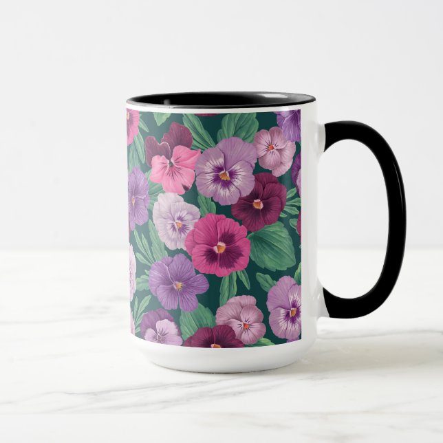 Colorful pansies on dark greenish blue mug (Right)