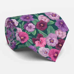 Colorful pansies on dark greenish blue neck tie