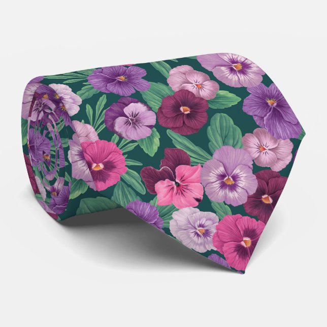 Colorful pansies on dark greenish blue neck tie (Rolled)