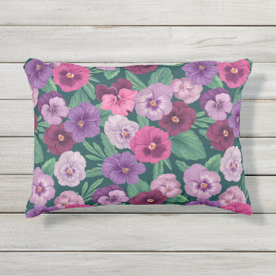 Colorful pansies on dark greenish blue outdoor pillow