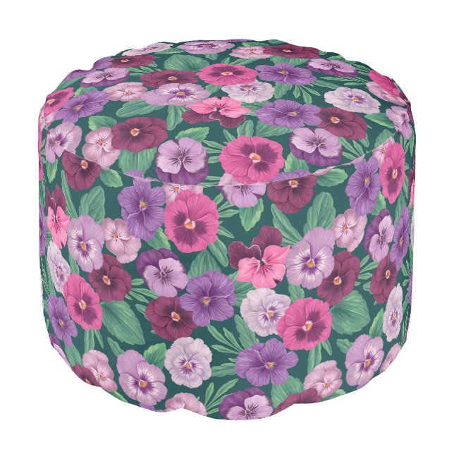 Colorful pansies on dark greenish blue pouf (Angled Front)