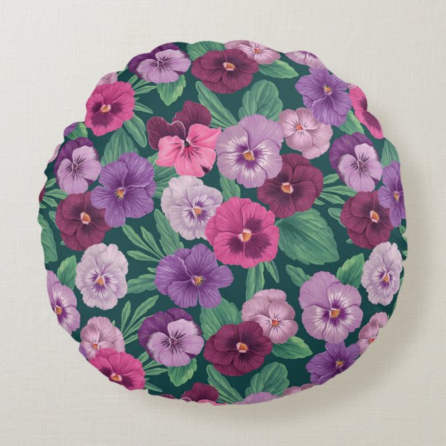 Colorful pansies on dark greenish blue round pillow (Front)
