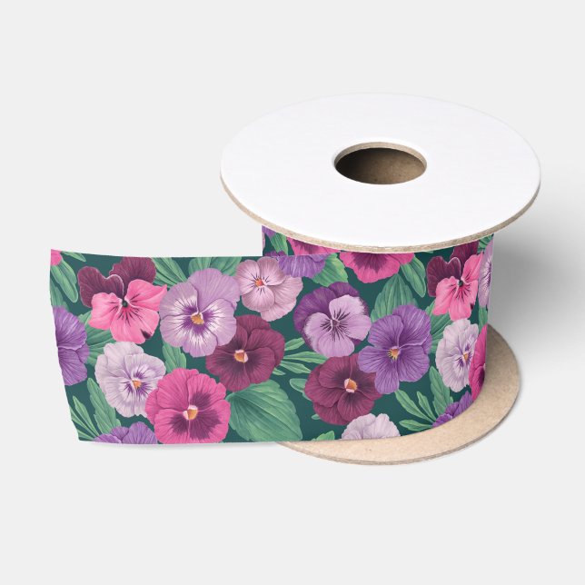 Colorful pansies on dark greenish blue satin ribbon (Spool)